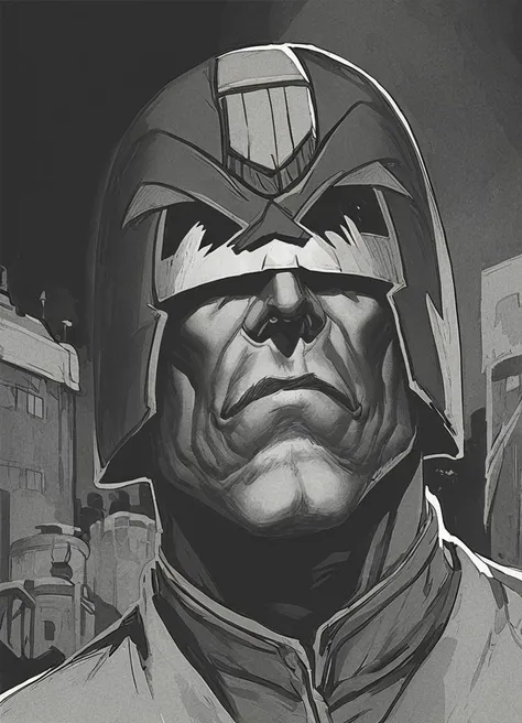 pencil drawing, man,jdgdrddcom, helmet, uniform, boots, grim expression, dark room, dark, hard shadows, monochrome, hard light, upper body portrait, manly, retro artstyle, city background,
<lora:Judge_Dredd_Comic_Style_Pony_SDXL:0.8> <lora:Dark_Novel:0.8>, score_9, score_8_up, score_7_up,