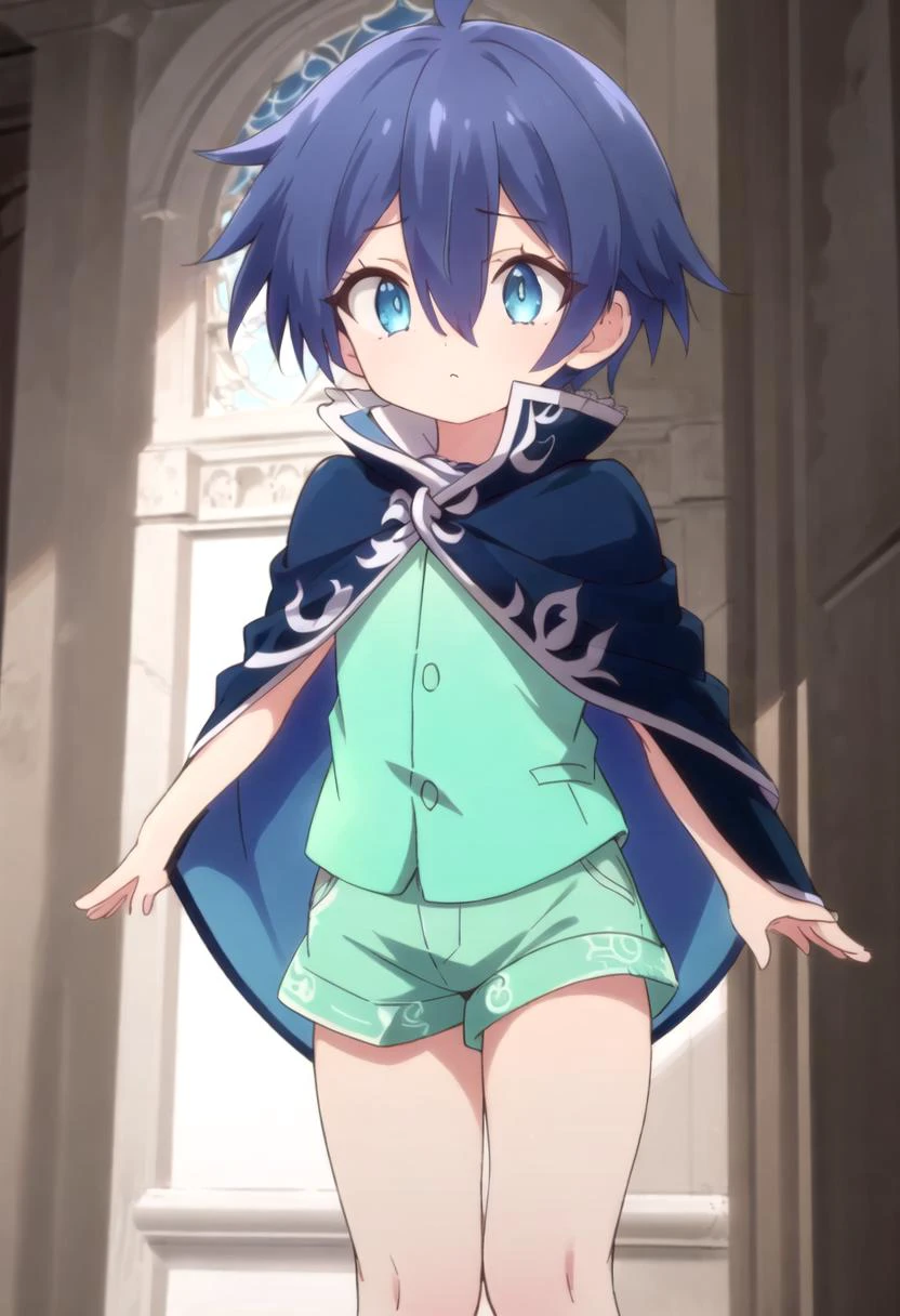 <lora:lloyd-de-saloum-sd:0.7>,(1boy:1.4),lloyd, green shorts,blue hair, masterpiece, ultra detail, blue eyes, (dark blue cape), (masterpiece:1.2), best quality, high resolution, unity 8k wallpaper, (illustration:0.8), (beautiful detailed eyes:1.6), extremely detailed face, perfect lighting, extremely detailed CG, (perfect anatomy), anime style, standing male, male focus, GS-Boyish