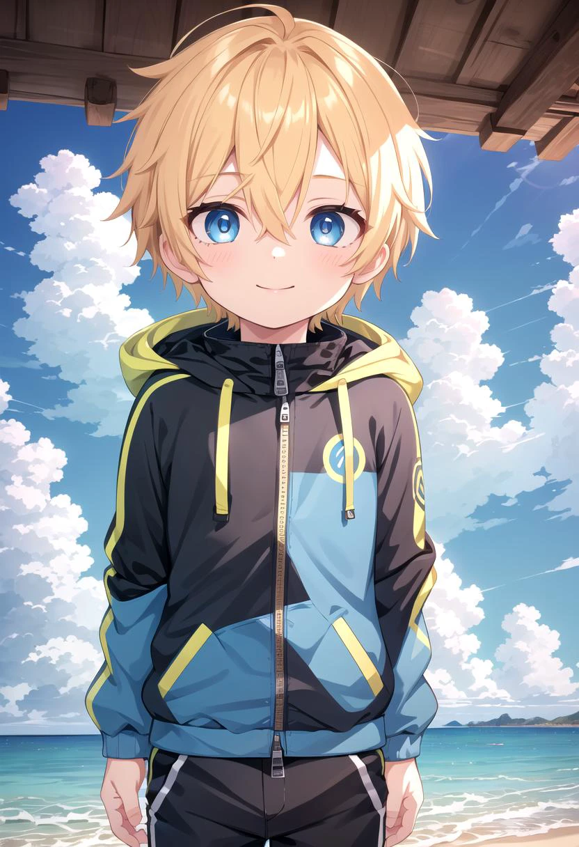 <lora:sota sd15_epoch_17:0.6>,sota, solo,looking at viewer,short hair,bangs,blue eyes,blonde hair,long sleeves,(1boy:1.3),hair between eyes,standing,wide rashguard jacket,(male focus:1.3),cowboy shot,outdoors,sky,day,pants,cloud,hood,water,blue sky,ocean,beach,black pants,hood down,child,multicolored clothes,zipper,horizon,(male child:1.2),wall,multicolored jacket,two-tone jacket , (masterpiece:1.2), best quality, high resolution, unity 8k wallpaper, (illustration:0.8), (beautiful detailed eyes:1.6), extremely detailed face, perfect lighting, extremely detailed CG, smile,
The soft lighting and detailed surroundings create an immersive environment where imagination runs wild hyper-detailed,hyper-detailed face, high quality visuals, dim Lighting, sharply focused, octane render, 8k UHD,
GS-Boyish