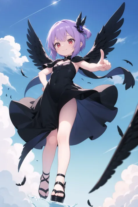 masterpiece, best quality, 1girl, red eyes, purple hair, black dress, looking down, cute evil smile, black feathers wings, black sandals, hand on hip, blue sky , from bottom camera, dynamic pose, flying, dark clouds, pointing black swords