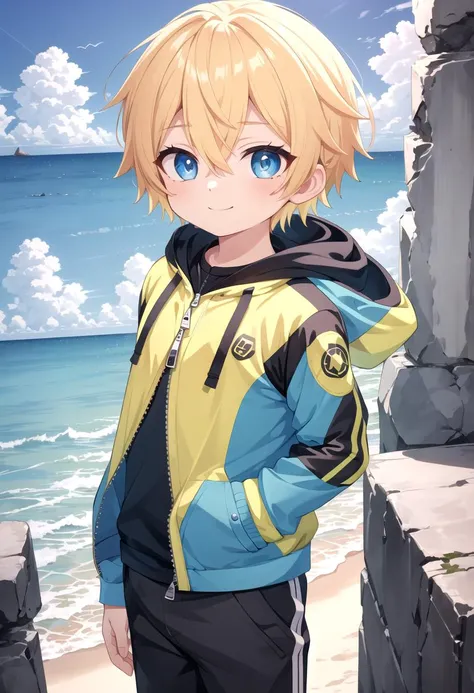 <lora:sota sd15_epoch_17:0.6>,sota, solo,looking at viewer,short hair,bangs,blue eyes,blonde hair,long sleeves,(1boy:1.3),hair between eyes,standing,wide rashguard jacket,(male focus:1.3),cowboy shot,outdoors,sky,day,pants,cloud,hood,water,blue sky,ocean,beach,black pants,hood down,child,multicolored clothes,zipper,horizon,(male child:1.2),wall,multicolored jacket,two-tone jacket , (masterpiece:1.2), best quality, high resolution, unity 8k wallpaper, (illustration:0.8), (beautiful detailed eyes:1.6), extremely detailed face, perfect lighting, extremely detailed CG, smile,
The soft lighting and detailed surroundings create an immersive environment where imagination runs wild hyper-detailed,hyper-detailed face, high quality visuals, dim Lighting, sharply focused, octane render, 8k UHD,
 GS-Boyish