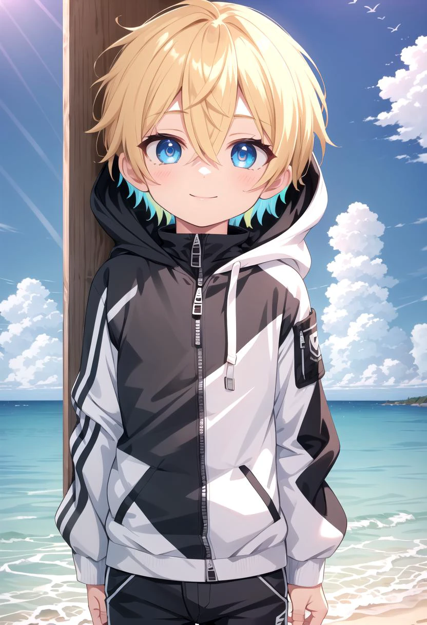 <lora:sota sd15_epoch_17:0.6>,sota, solo,looking at viewer,short hair,bangs,blue eyes,blonde hair,long sleeves,(1boy:1.3),hair between eyes,standing,wide rashguard jacket,(male focus:1.3),cowboy shot,outdoors,sky,day,pants,cloud,hood,water,blue sky,ocean,beach,black pants,hood down,child,multicolored clothes,zipper,horizon,(male child:1.2),wall,multicolored jacket,two-tone jacket , (masterpiece:1.2), best quality, high resolution, unity 8k wallpaper, (illustration:0.8), (beautiful detailed eyes:1.6), extremely detailed face, perfect lighting, extremely detailed CG, smile,
The soft lighting and detailed surroundings create an immersive environment where imagination runs wild hyper-detailed,hyper-detailed face, high quality visuals, dim Lighting, sharply focused, octane render, 8k UHD,
GS-Boyish