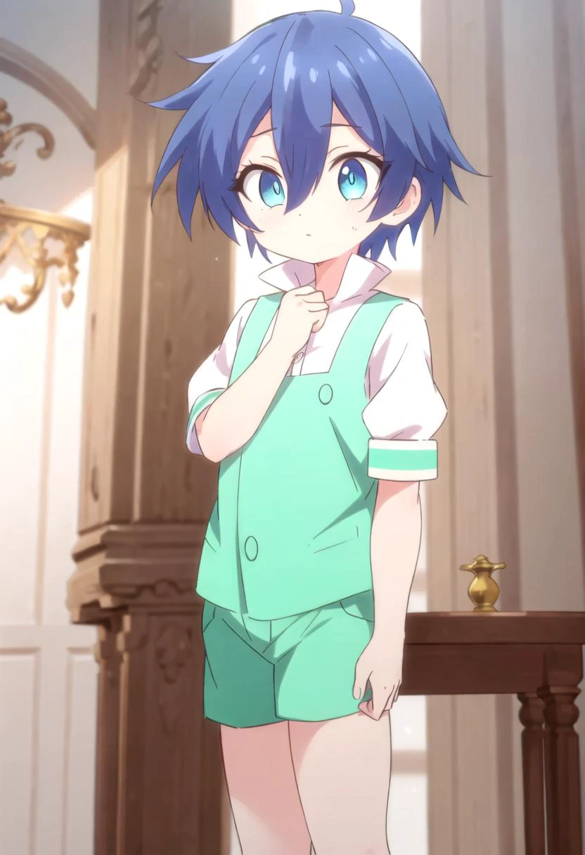<lora:lloyd-de-saloum-sd:0.7>,(1boy:1.4),lloyd, green shorts,blue hair, masterpiece, ultra detail, blue eyes, short sleeves, puffy sleeves,(masterpiece:1.2), best quality, high resolution, unity 8k wallpaper, (illustration:0.8), (beautiful detailed eyes:1.6), extremely detailed face, perfect lighting, extremely detailed CG, (perfect anatomy), anime style, standing male, male focus, GS-Boyish