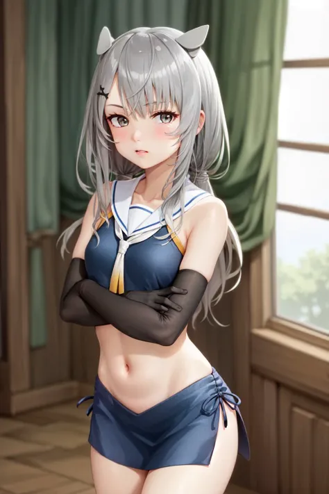 (masterpiece, best quality:1.2), <lyco:kancolle_i-201-10:1.0>, cowboy shot, solo, 1girl, kci201, serious, looking at viewer, crossed arms, horned headwear, headgear, fake horns, crop top, white sailor collar, white neckerchief, blue skirt, elbow gloves
