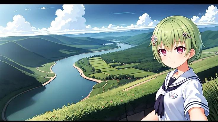 nomura miki,1girl,green hair,sunny,nature,grass,river,hairclip,school uniform,white pantyhose,selfie,Standing at a high altitude to see the distant view,<lora:nomiki:0.4>,
