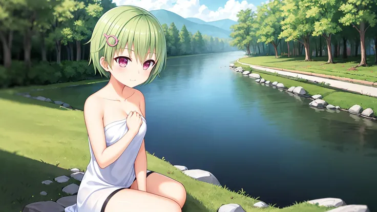 nomura miki,1girl,green hair,sunny,nature,grass,river,hairclip,naked towel,m legs,<lora:nomiki:0.4>,