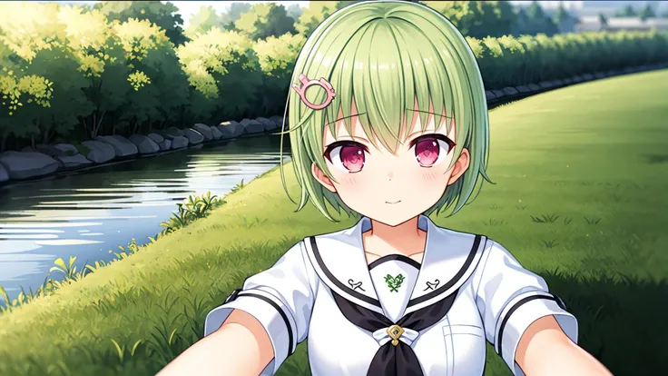 nomura miki,1girl,green hair,sunny,nature,grass,river,hairclip,school uniform,white skirt,white shirt,black pantyhose,,selfie,<lora:nomiki:0.4>,