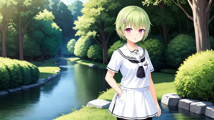 nomura miki,1girl,green hair,sunny,nature,grass,river,hairclip,school uniform,white skirt,white shirt,black pantyhose,,yokozuwari,<lora:nomiki:0.4>,