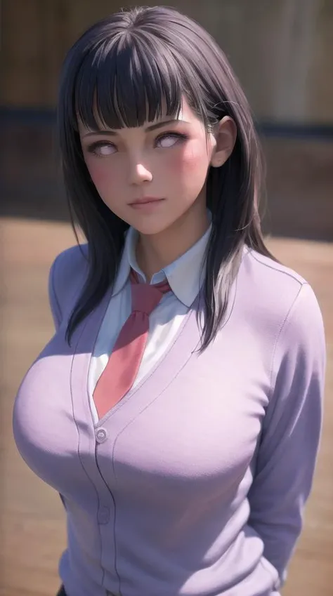 pixel-Hinata as a schoolgirl with a white shirt and a red tie, cardigan, floating hair, necktie, big breasts, 1girl, upper body, standing, masterpiece, photorealistic, realistic, (RAW photo, 8k uhd, film grain), caustics, subsurface scattering, <hypernet:myhands_22k:0.75> <lora:hinata-Hyuga-LoRA:0.75>
