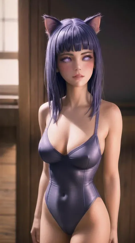 pixel-Hinata with cat ears, leotard, medium breasts, 1girl, upper body, standing, masterpiece, photorealistic, realistic, (RAW photo, 8k uhd, film grain), caustics, subsurface scattering, <hypernet:myhands_22k:0.75> <lora:hinata-Hyuga-LoRA:0.75>