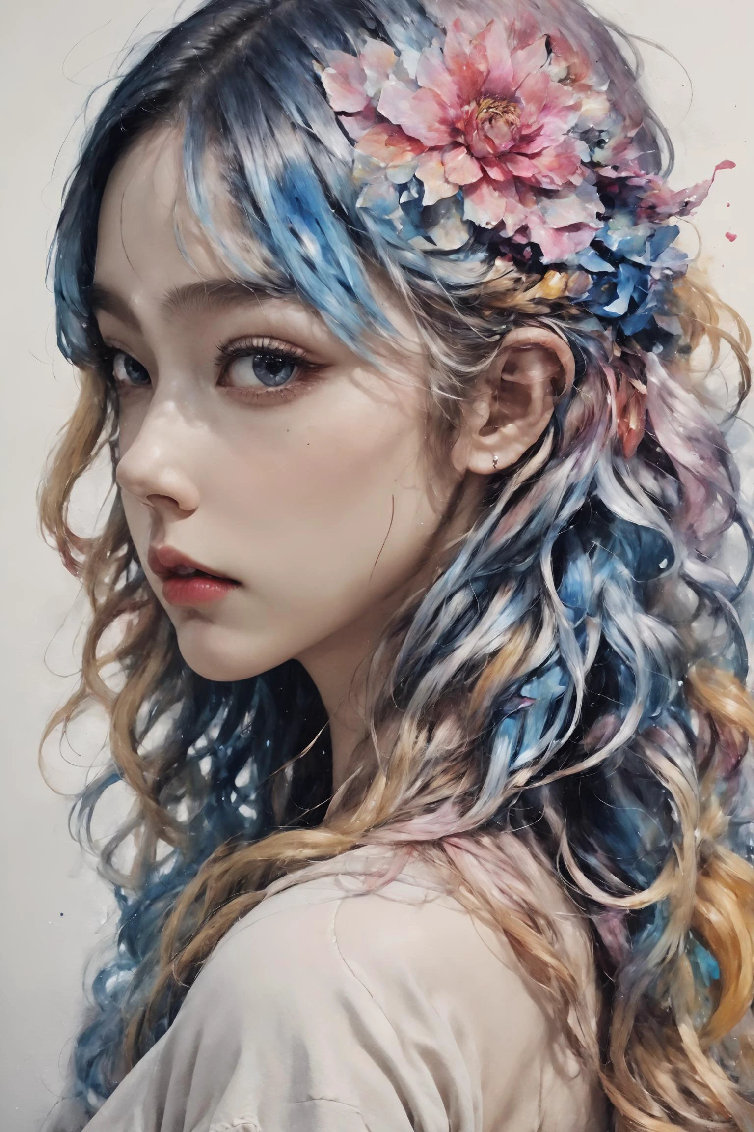 Colorful, multiple colors, intricate detail, splash screen, photorealistic, intricately detailed fluid gouache painting, calligraphy, acrylic, watercolor art,
masterpiece, best quality, 1girl, <lora:kwFemale_Beta40-SDXL_v1:1>, cleavage