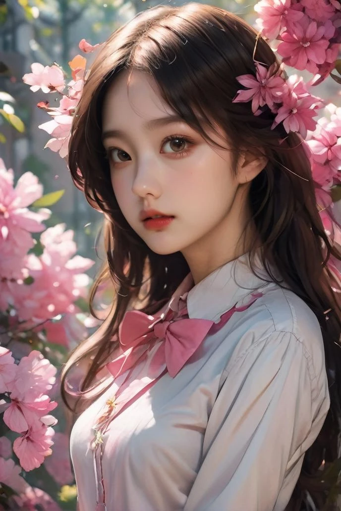 (realistic, photorealistic, photo-realistic:1.27),(masterpiece:1.2),highres,4k,8k,ultra-detailed,HDR,UHD,studio lighting,sharp focus,physically-based rendering,extreme detail description,professional,vivid colors,bokeh,
A mesmerizing photo collection titled "Enchanted Blossoms" transports viewers into a world of pure fantasy,featuring a girl immersed in a vibrant sea of pink flowers in a whimsical and dreamlike setting,
In this photographic journey,the girl becomes a living embodiment of enchantment,seamlessly merging with the fantastical landscape of pink blooms that surrounds her. The air is filled with the sweet fragrance of flowers,and the atmosphere is ethereal and surreal,
The photographs transport viewers to a realm where nature's beauty takes center stage. A carpet of pink petals stretches as far as the eye can see,creating an enchanting and immersive experience. The vibrant color palette evokes a sense of wonder and joy,
The girl,adorned in a dress that complements the floral landscape,exudes a sense of grace and innocence. Her presence among the blossoms is a testament to the harmony between nature and humanity. Her expressions convey a sense of wonder and delight,
The collection captures the essence of a dreamlike fantasy with a series of whimsical poses and expressions. The girl's connection to the natural world is palpable,and viewers are invited to share in the magic and beauty of the moment,
The "Enchanted Blossoms" photo collection is a visual celebration of the fantasy genre,inviting viewers to immerse themselves in a world where the boundaries of reality and imagination blur. It celebrates the enchantment of nature,the wonder of dreams,and the timeless allure of a girl amidst a sea of pink blossoms,
(fantasy, vibrant sea of pink flowers, whimsical setting, enchantment, pink blooms, sweet fragrance of flowers, ethereal and surreal atmosphere, nature's beauty, enchanting and immersive experience, vibrant color palette, grace, innocence, harmony between nature and humanity, wonder, delight, dreamlike fantasy, magic, beauty, boundaries of reality and imagination, timeless allure),