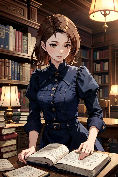 ((ultra detailed, masterpiece, absurdres))
<lora:DPDIMKate:0.9>
DPDIMKate, 1girl, brown hair, brown eyes, dress, Grand library with antique books, dynamic warm reading lamps, detailed wooden shelves
