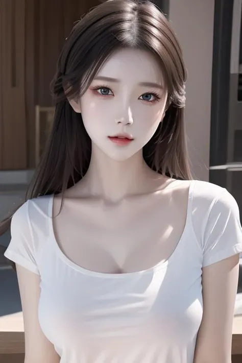 (((White 、black hair,forehead、White background、white t-shirt))), bright, Refreshing and gentle look, Perfect beautiful face、White ロングヘア,Beautiful and shiny hair, Very beautiful girl, eyeliner, So perfect and beautiful、Lovely large, clear, sky-blue eyes,large breasts,Random pose,