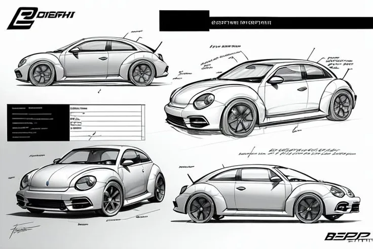 car_sketch, three view, concept sketch, text, logo,Beetle car, <lora:car sketch_20231016143009:0.6>