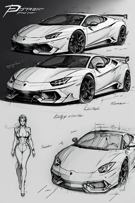 car_sketch, three view, concept sketch, Racing driver, helmet,  1girl, fullr body,  beauty, text, logoï¼Lamborghini sports car,<lora:car sketch_20231016143009:0.8>