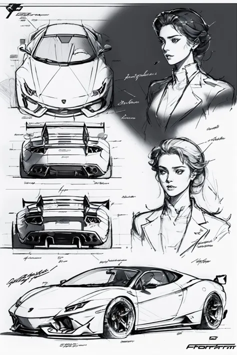 car_sketch, three view, concept sketch, Racing driver, helmet, 1girl, fullr body, beauty, text, logo Lamborghini sports car
