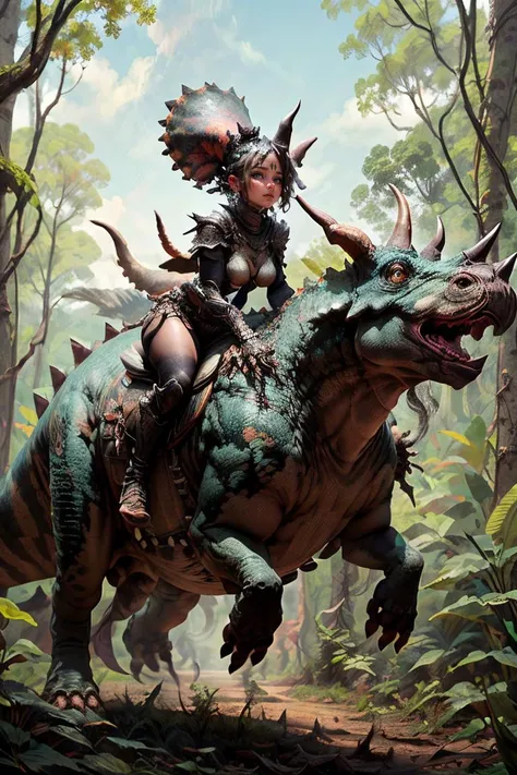 masterpiece, best quality,
girl riding a triceratops, human face, leather armor, riding monster, (detailed lush jungle background),
Triceratops_Dinosaur,  Jurassic jungle, 