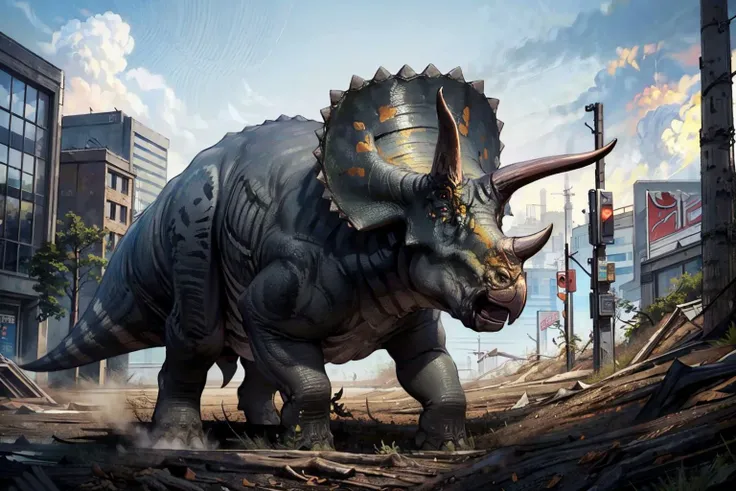 masterpiece, best quality,  <lora:Triceratops_Dinosaur_Dim32_Anime:1> Triceratops_Dinosaur, cityscape, city street, grey sky, mist, no humans, wasteland