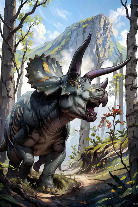 masterpiece, best quality,  <lora:Triceratops_Dinosaur_Dim32_Anime:1> Triceratops_Dinosaur, forest, jungle, grey sky, mist, no humans