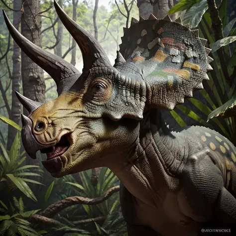 perfect exposure, colorful, masterpiece, best quality, <lora:Triceratops_Dinosaur_Dim32_Anime:0.8>, Triceratops_Dinosaur, Jurassic jungle, portrait, head,