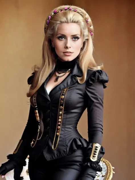Deneuve,  +++((full body)), steampunk outfit,  detailed eyes , ultra-sharpness, highest quality, art of Anya Millen, smooth, clear focus, trend on artforum, behance hd, muted colors  <lora:Deneuve:0.7>