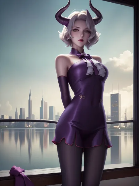 1 girl,horns,dress,arms behind back,cityscape,lake,night,sitting,chair,bedroom,window, yellow eyes, short hair,ascot,pantyhose, <lora:milaidi_20230703182517-000010:0.75>,