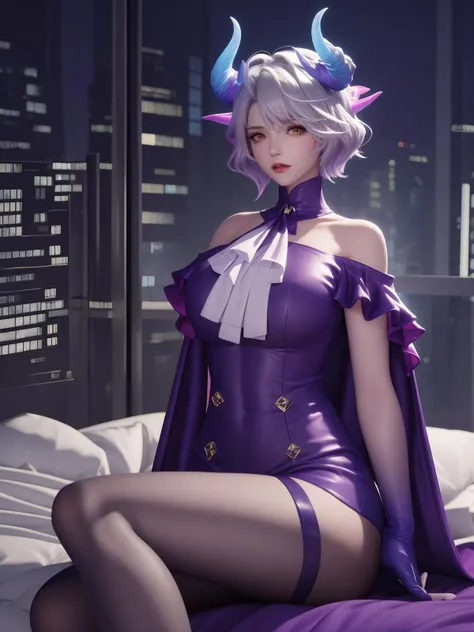 WZRYmilaidiMFQY,1girl,solo,bare shoulders,horns,purple gloves,yellow eyes,short hair,looking at viewer,pantyhose,shorts,white ascot,<lora:WZRYmilaidiMFQY:0.75>,mature female,cityscape,night,capelet,angry,sitting,bed,collar,