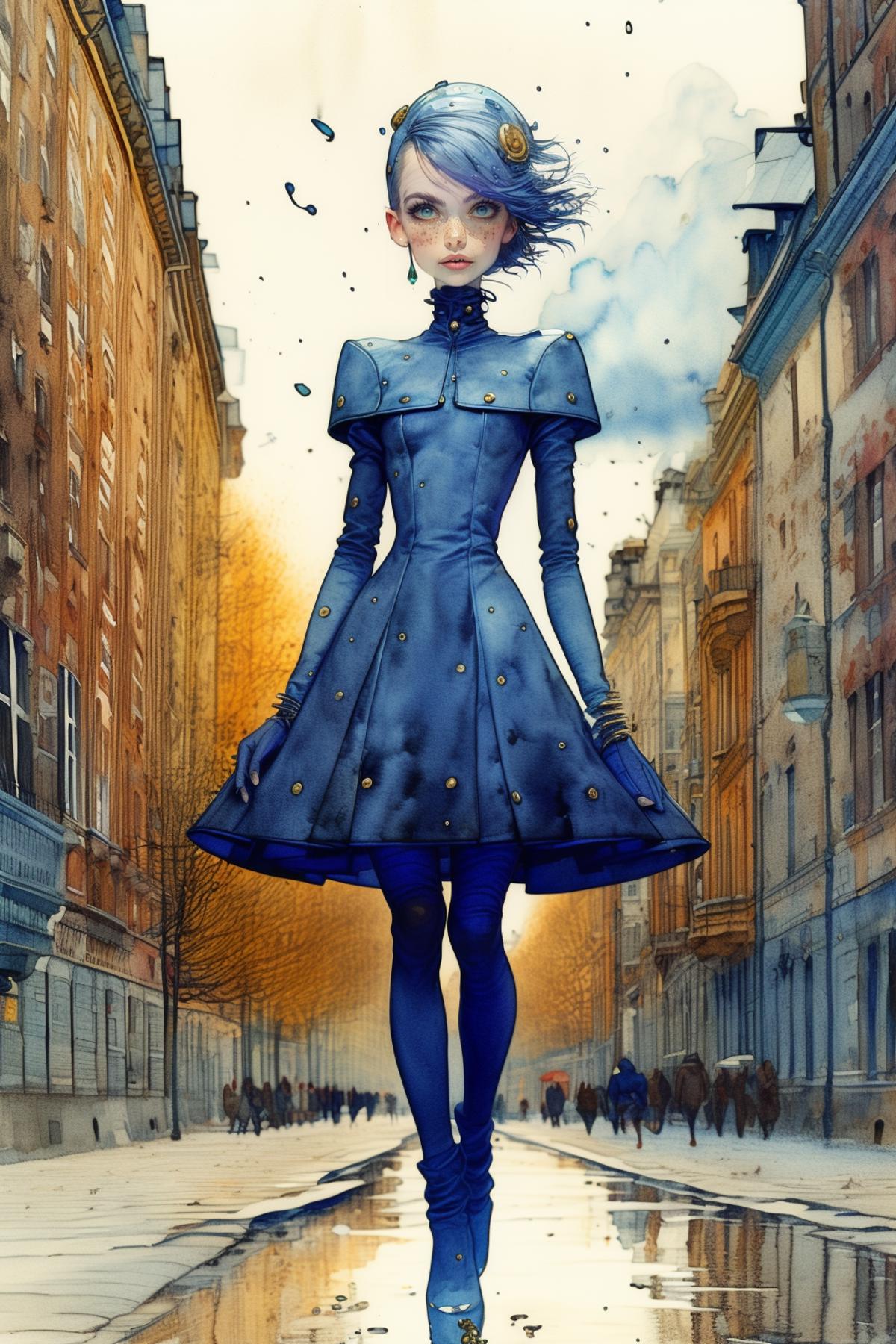 A painting of a woman in a blue dress walking down a street - SeaArt AI