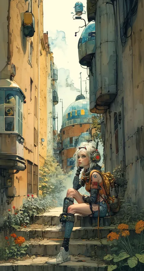 masterpiece, best quality, popsurrealism art, illustration, watercolor, ink, style of Mattias Adolfsson,
space age of 1950s, 
1girl, supermodel as (Atompunk inventor in a futuristic style Garden:1.4), thigh straps, headphones, bottomless, wearing torn ultra shorts, layered clothes,  fingerless gloves, crop-top, small backpack, sneakers, sitting on the stone stairs, long legs, crossed legs, looking up, chin up, ab cracks, fit, tall, athletic legs,  long hairs,
(white hair), fantasy tattoos, runic tattoos, magical emblem, rim light,
(retrofuturism style:1.2), (garden of plants and space constructions,  opulent Japanese architecture),
<lora:weight_slider_v2:-1.1>
<lora:more_details:0.8>
 <lora:tbh125-:1.3>