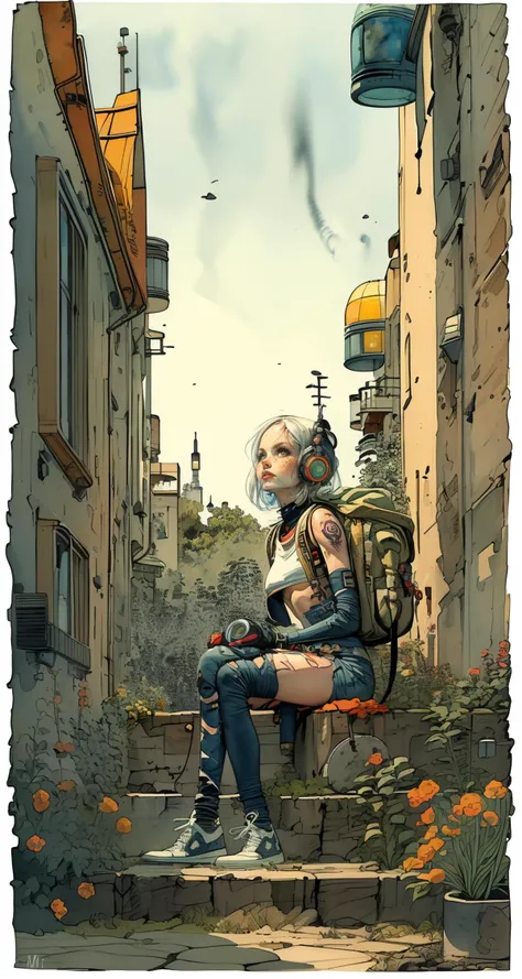 masterpiece, best quality, popsurrealism art, illustration, watercolor, ink, style of Mattias Adolfsson, full-body, 
space age of 1950s, 
1girl, supermodel as (Atompunk inventor in a futuristic style Garden:1.4), thigh straps, headphones, bottomless, wearing torn ultra shorts, layered clothes,  fingerless gloves, crop-top, small backpack, sneakers, sitting on the stone stairs, long legs, crossed legs, looking up, chin up, ab cracks, fit, tall, athletic legs,  long hairs,
(white hair), fantasy tattoos, runic tattoos, magical emblem, rim light,
(retrofuturism style:1.2), (garden of plants and space constructions,  opulent Japanese architecture),
<lora:weight_slider_v2:-1.1>
<lora:more_details:0.6>
 <lora:tbh125-:1.3>