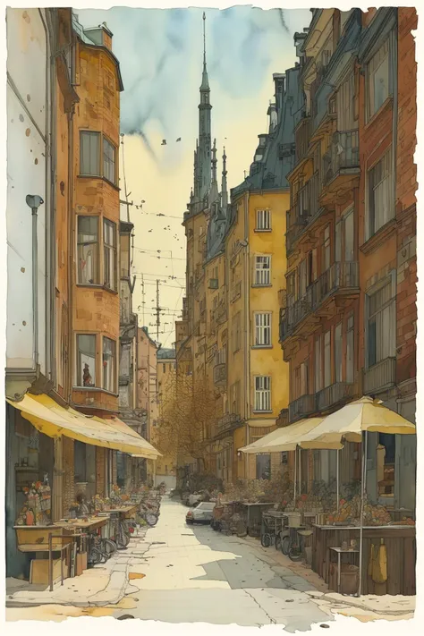 masterpiece,best quality,popsurrealism art,illustration,watercolor,ink,style of Mattias Adolfsson,street:1.5,<lora:tbh105-:1>,