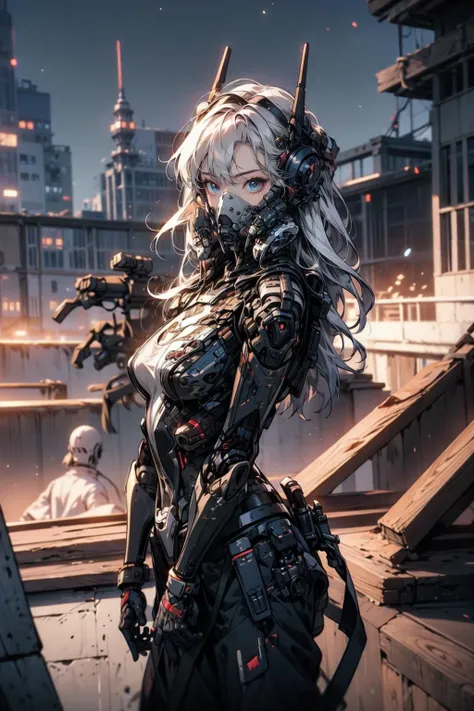 (masterpiece:1.4), (intricate:1.2), (detailed:1.2), (vibrant colors:1.2), BREAK,
(science fiction:1.2), (cowboy shot:1.0), (looking at viewer:1.0), (dynamic:1.0), BREAK,
(1girl:1.0), (solo:1.4), (cyborg:1.2), (white hair:1.0), (long hair:1.0), (blue eyes:1.0), (roblit:1.0), <lora:Robotaction:0.6>, (techpunkmask:1.0), <lora:techpunkmask_v0.5-000002:0.8>, BREAK,
(night:1.2), (rooftop:1.2)