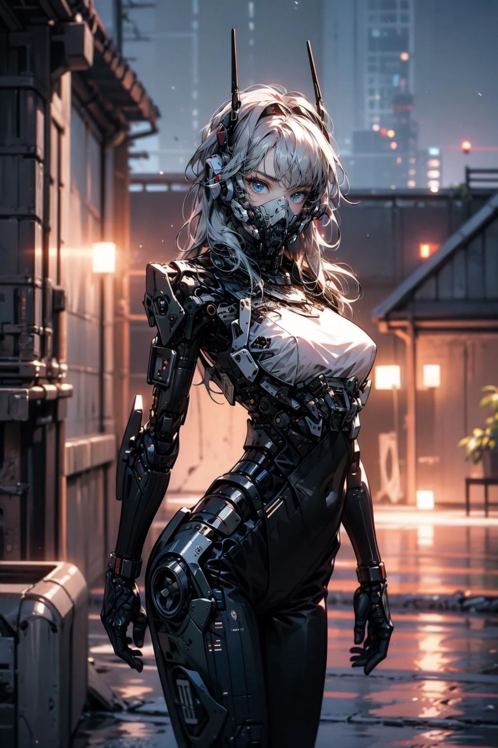 (masterpiece:1.4), (intricate:1.2), (detailed:1.2), (vibrant colors:1.2), BREAK,
(science fiction:1.2), (cowboy shot:1.0), (looking at viewer:1.0), (dynamic:1.0), BREAK,
(1girl:1.2), (solo:1.4), (cyborg:1.2), (white hair:1.0), (long hair:1.0), (blue eyes:1.0), (roblit:1.0), <lora:Robotaction:0.6>, (techpunkmask:1.0), <lora:techpunkmask_v0.5-000002:0.8>, BREAK,
(night:1.2), (rooftop:1.2)