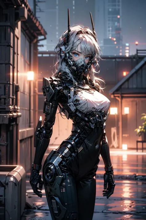 (masterpiece:1.4), (intricate:1.2), (detailed:1.2), (vibrant colors:1.2), BREAK,
(science fiction:1.2), (cowboy shot:1.0), (looking at viewer:1.0), (dynamic:1.0), BREAK,
(1girl:1.2), (solo:1.4), (cyborg:1.2), (white hair:1.0), (long hair:1.0), (blue eyes:1.0), (roblit:1.0), <lora:Robotaction:0.6>, (techpunkmask:1.0), <lora:techpunkmask_v0.5-000002:0.8>, BREAK,
(night:1.2), (rooftop:1.2)