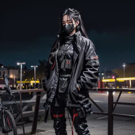 Best quality, masterpiece, ultra high res, (photorealistic:1.4), 1girl,full_body, (long hair:1.5), colored hair,wind,moonlight, earrings, background_blur ,plastic coat, <lora:fashigirl-v5.5-lora-naivae-64dim:0.3>,looking at viewer, smile, <lora:weird future fashion_v5:0.5>, night setting, Majestic, 16K, 8K, China Urban background, stars in sky, very detailed hands, 5 fingers, good hands, techpunkmask, black mask, <lora:techpunkmask_v0.5-000002:0.2>, techwear outfit, techwear jacket, black gloves, <lora:urbansamurai_v0.3:0.3>, hands in pockets, both hands are in pocket