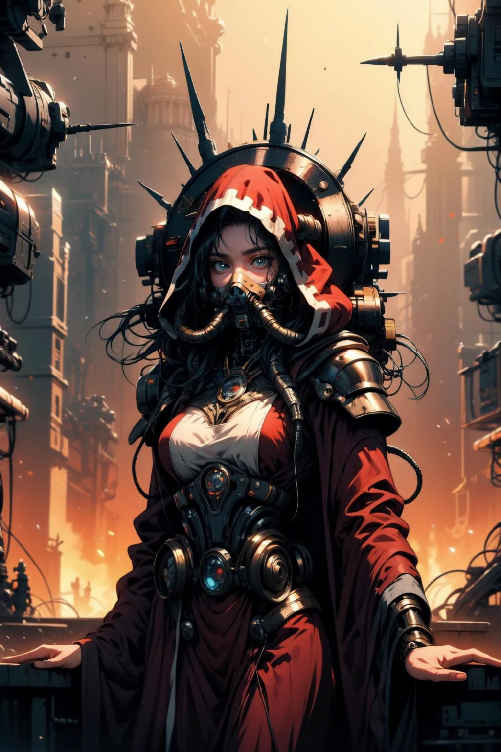 (masterpiece:1.4), (intricate:1.2), (detailed:1.2), (vibrant colors:1.2), BREAK,
(epic:1.2), (science fiction:1.2), (futuristic:1.2), (cowboy shot:1.2), BREAK,
(solo:1.2),(techpriest:1.1), (robe:1.2), (hood:1.1), <lora:techpriest:1.0>, <lora:techpunkmask_v0.5-000002:0.3>, (techpunkmask:1.2), (mechanical neck:1.2), BREAK,
(tech:1.2), (DonMM4ch1n3W0rld:1.0), <lora:Machine_World_SD15_version-000009:0.55>