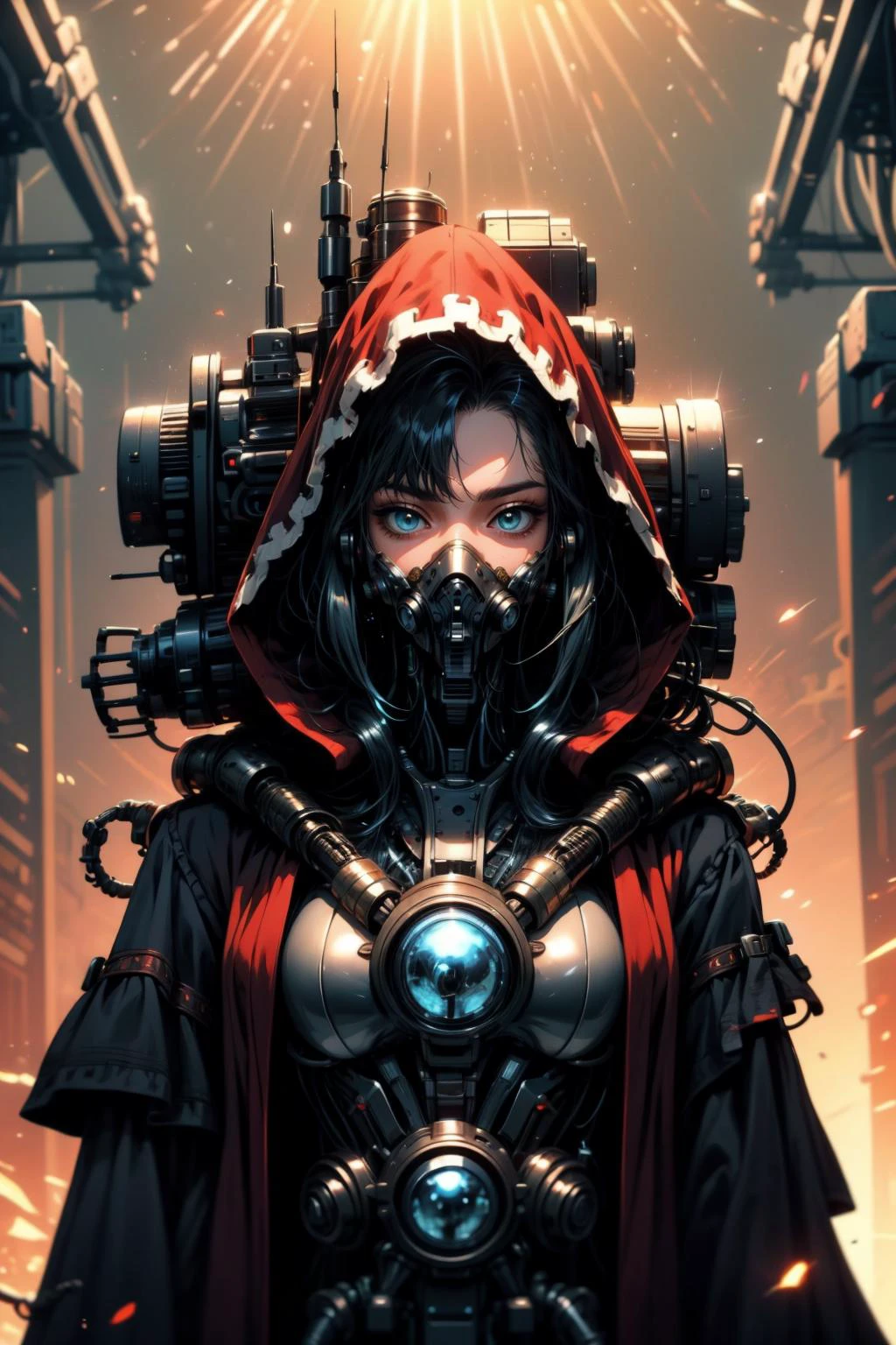 (masterpiece:1.4), (intricate:1.2), (detailed:1.2), (vibrant colors:1.2), BREAK,
(epic:1.2), (science fiction:1.2), (futuristic:1.2), (hip level shot:1.2), BREAK,
(solo:1.2),(techpriest:1.1), (robe:1.2), (hood:1.1), <lora:techpriest:1.0>, <lora:techpunkmask_v0.5-000002:0.3>, (techpunkmask:1.2), (mechanical neck:1.2), BREAK,
(tech:1.2), (DonMM4ch1n3W0rld:1.0), <lora:Machine_World_SD15_version-000009:0.55>