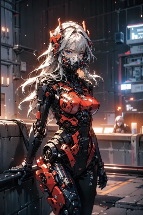 (masterpiece:1.4), (intricate:1.2), (detailed:1.2), (vibrant colors:1.2), BREAK,
(science fiction:1.2), (cowboy shot:1.0), (looking at viewer:1.0), (dynamic:1.0), BREAK,
(1girl:1.2), (solo:1.4), (cyborg:1.2), (white hair:1.0), (long hair:1.0), (blue eyes:1.0), (roblit:1.0), <lora:Robotaction:0.6>, (techpunkmask:1.0), <lora:techpunkmask_v0.5-000002:0.8>, BREAK,
(night:1.2), (rooftop:1.2)
