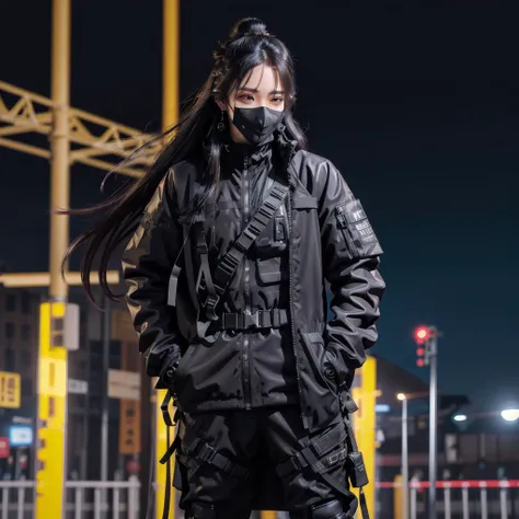 Best quality, masterpiece, ultra high res, (photorealistic:1.4), 1girl,full_body, (long hair:1.5), colored hair,wind,moonlight, earrings, background_blur ,plastic coat, <lora:fashigirl-v5.5-lora-naivae-64dim:0.3>,looking at viewer, smile, <lora:weird future fashion_v5:0.5>, night setting, Majestic, 16K, 8K, China Urban background, stars in sky, very detailed hands, 5 fingers, good hands, techpunkmask, black mask, <lora:techpunkmask_v0.5-000002:0.2>, techwear outfit, techwear jacket, black gloves, <lora:urbansamurai_v0.3:0.3>, hands in pockets, both hands are in pocket