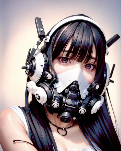 ((best quality)), ((ultra high res)), (photorealistic:1.4), lisa,1girl, thighhighs,(closed - up), looking at viewer, facing front,long hair,ulzzang-6500-v1.1, (extremely detailed twinkling big eyes:1.2), (wearing detailed huge scifi techmask and headphones), extended downblouse, head to eyes <lora:techpunkmask_v0.2:0.7>