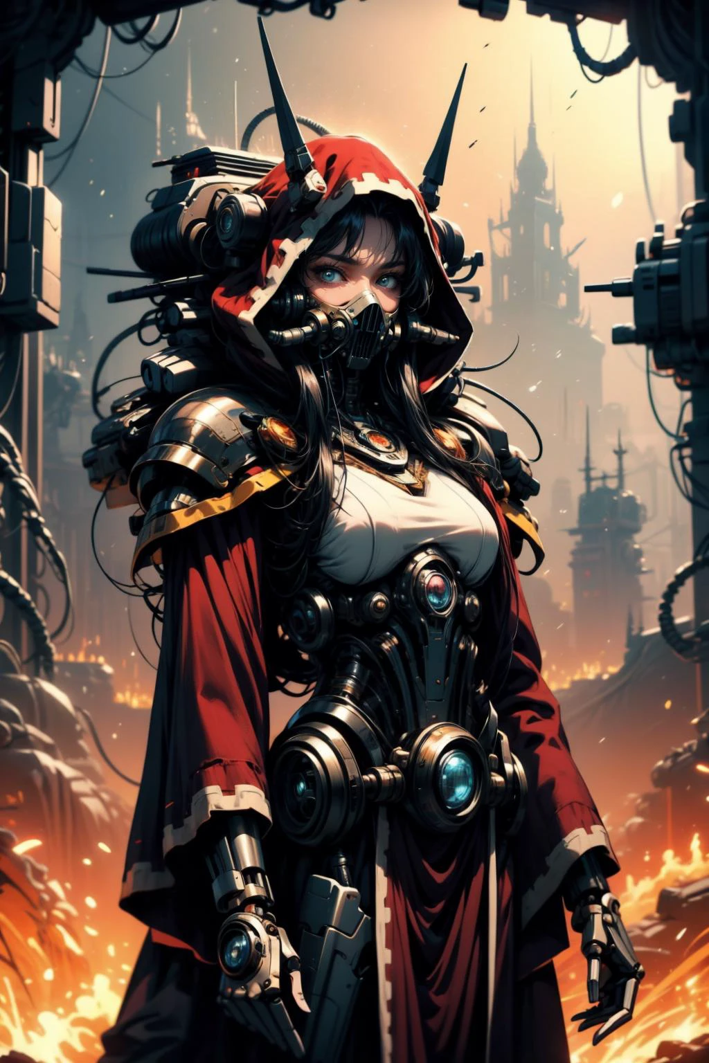 (masterpiece:1.4), (intricate:1.2), (detailed:1.2), (vibrant colors:1.2), BREAK,
(epic:1.2), (science fiction:1.2), (futuristic:1.2), (cowboy shot:1.2), BREAK,
(solo:1.2),(techpriest:1.1), (robe:1.2), (hood:1.1), <lora:techpriest:1.0>, <lora:techpunkmask_v0.5-000002:0.3>, (techpunkmask:1.2), (mechanical neck:1.2), BREAK,
(tech:1.2), (DonMM4ch1n3W0rld:1.0), <lora:Machine_World_SD15_version-000009:0.55>
