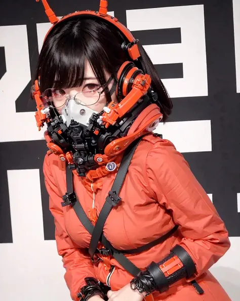 ulzzang-6500, (realistic: 1.3) (original: 1.2), masterpiece, best quality, beautiful clean face, (very facial closed - up), 1woman, (wearing orange and cobalt scifi techmask and headphones with complex electronics), wearing black techwear jacket and orange trousers with buckle and tape, (crystal necklace), posing for a picture, (white braided bun hair), glasses <lora:techpunkmask_v0.2:0.8>  <lora:urbansamuraiv3testing:0.5>