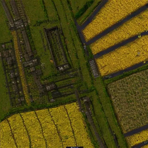 (top_down), (top down view map), (city), battle_map farm field, corn field, yellow crops, autumn, trees