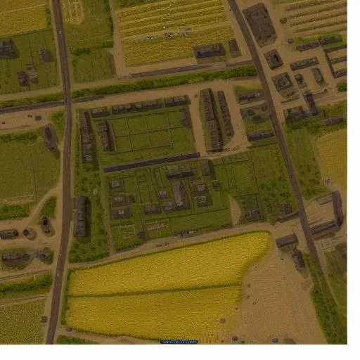 (top_down), (top down view map), (city), battle_map of town, farm field, yellow crops, autumn, trees