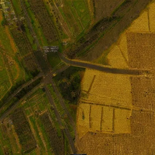 (top_down), (top down view map), (city), battle_map farm field, corn field, yellow crops, autumn, trees