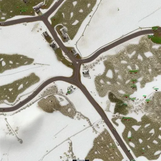 (top_down), (top down view map), battle_map of farm land, snow