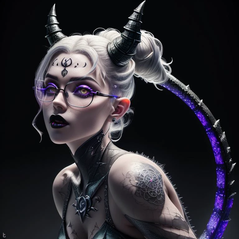 ultra detailed abstract photography of a cute pale draconian girl in full body pose, mix of dragon and girl, half dragon, silver ponytail with strands hair, (masterpiece), realistic, beautiful face, cinematic light, (beautiful purple cat eyes:1.0), perfect anatomy, dragon horns, in the art of LazrPopAI,
night sky moonlight, starry background,
fine detailed silver crescent glasses, pointy ears, cowboy shot, open mouth, medium breasts, (blackish LaceAI skin:1.3),black lips, black eye shadow,
hyperdetailed painting, luminism, 4k resolution,
Soft Lighting, Photographic Realism,
3d rendering, octane rendering, <lora:LaceAI:1>