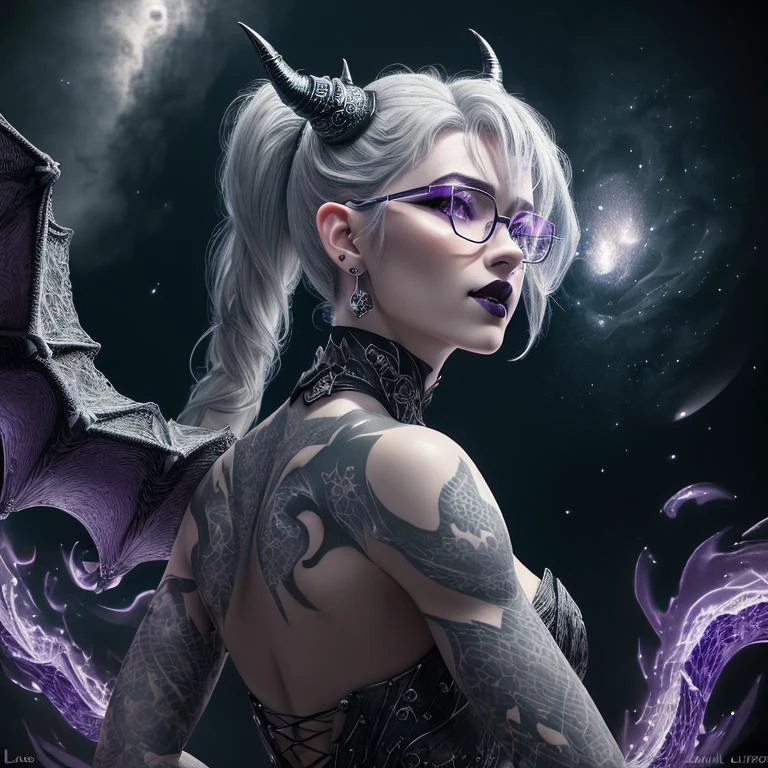 ultra detailed abstract photography of a cute pale draconian girl in full body pose, mix of dragon and girl, half dragon, silver ponytail with strands hair, (masterpiece), realistic, beautiful face, cinematic light, (beautiful purple cat eyes:1.0), perfect anatomy, dragon horns, in the art of LazrPopAI,
night sky moonlight, starry background,
fine detailed silver crescent glasses, pointy ears, cowboy shot, open mouth, medium breasts, (blackish LaceAI skin:1.3),black lips, black eye shadow,
hyperdetailed painting, luminism, 4k resolution,
Soft Lighting, Photographic Realism,
3d rendering, octane rendering, <lora:LaceAI:1>
