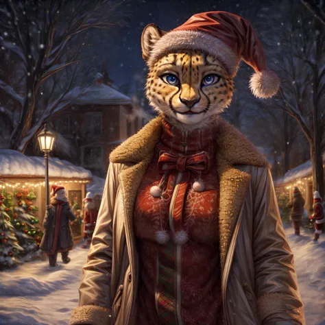 anthro, cheetah, female, solo, russia, standing, (fullboddy:1.2), casual clothes, looking at viewer, fit body, happy, smile, walk in park, christmas party, sylish coat, bald, steam, christmas hat on head, beautiful eyes, detailed eyes,
detailed background, 8k, high quality,
<lora:more_details:0.4>
<lora:add_detail:0.5>